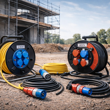 Kabelhaspels en verlengkabels voor stroomvoorziening op de bouwplaats